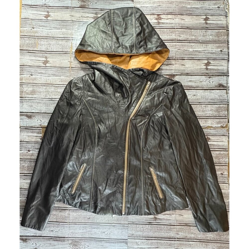 Giorgio Rotti Bayan linen soft leather hooded jacket size 16 5XL brown luxury